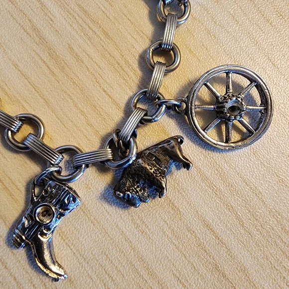 Wyoming Charm Bracelet Western Themed Nickel & Sterling Silver Charms Cowboy